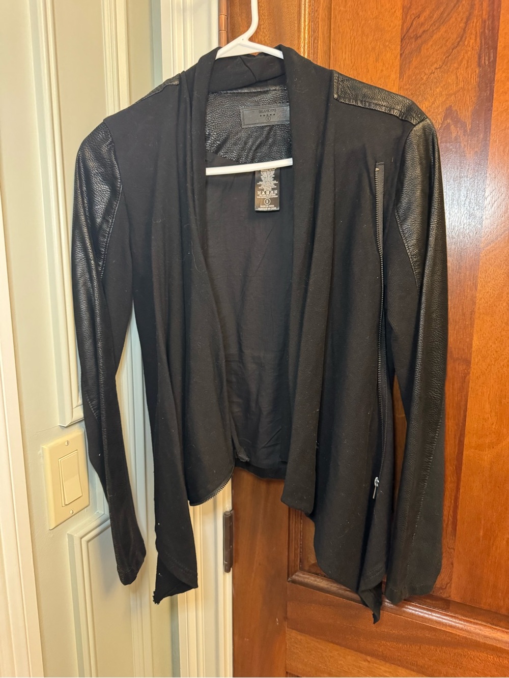 Blank NYC Black Draped Open-Front Jacket with Faux Leather Sleeves SMALL